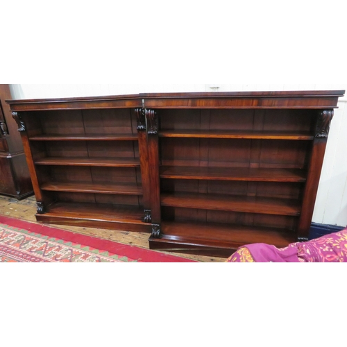 245 - Pair of Edwardian rosewood open bookshelves with scroll decoration, adjustable shelving, on oblong p... 