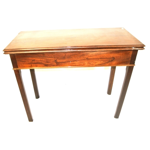 250 - Edwardian mahogany tea table with fold-over top, rounded borders, gateleg support, on square chamfer... 