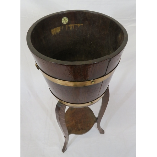 251 - Victorian style oak jardiniere on stand with brass banding & handles, R A Lister & Co, Dursley, Engl... 