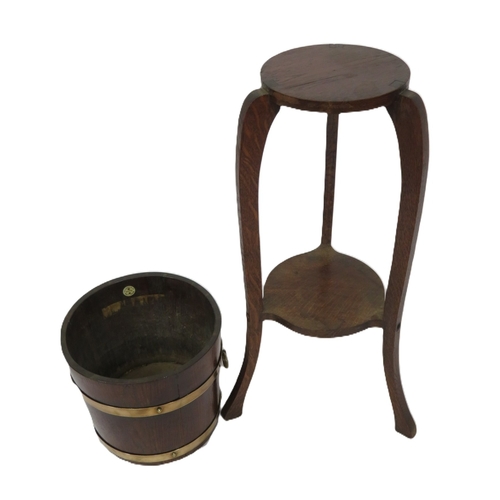 251 - Victorian style oak jardiniere on stand with brass banding & handles, R A Lister & Co, Dursley, Engl... 