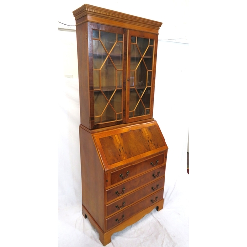 255 - Edwardian design inlaid yew bureau bookcase with astragal glazed doors, shelved interior, drop-down ... 