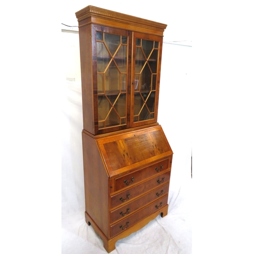 255 - Edwardian design inlaid yew bureau bookcase with astragal glazed doors, shelved interior, drop-down ... 