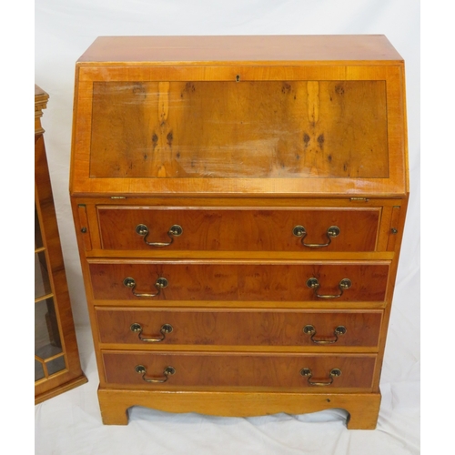 255 - Edwardian design inlaid yew bureau bookcase with astragal glazed doors, shelved interior, drop-down ... 