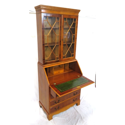 255 - Edwardian design inlaid yew bureau bookcase with astragal glazed doors, shelved interior, drop-down ... 