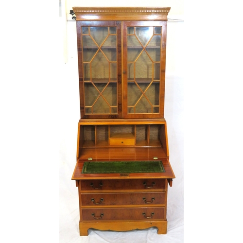 255 - Edwardian design inlaid yew bureau bookcase with astragal glazed doors, shelved interior, drop-down ... 