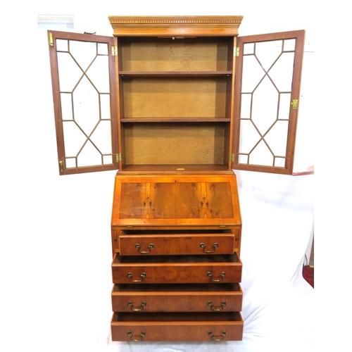 255 - Edwardian design inlaid yew bureau bookcase with astragal glazed doors, shelved interior, drop-down ... 