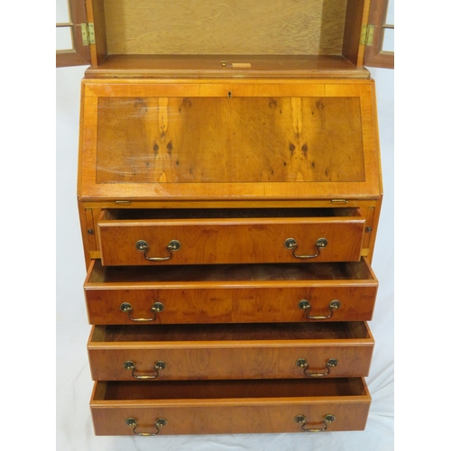 255 - Edwardian design inlaid yew bureau bookcase with astragal glazed doors, shelved interior, drop-down ... 