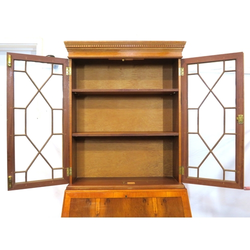 255 - Edwardian design inlaid yew bureau bookcase with astragal glazed doors, shelved interior, drop-down ... 