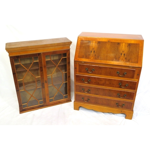 255 - Edwardian design inlaid yew bureau bookcase with astragal glazed doors, shelved interior, drop-down ... 