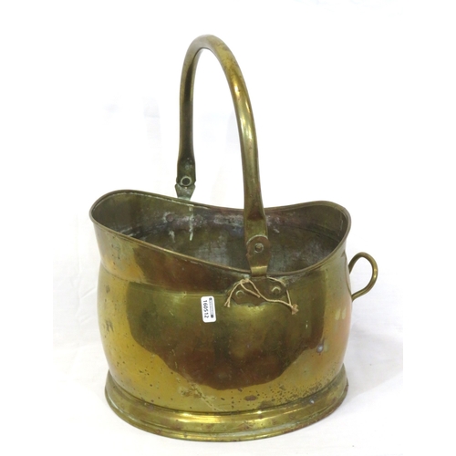 321 - Edwardian brass helmet shaped coal scuttle with shaped handles