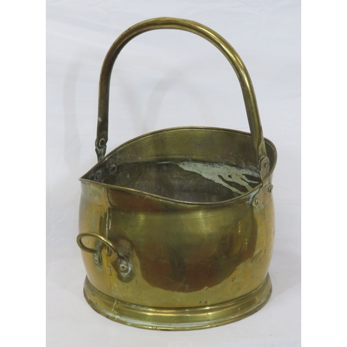 321 - Edwardian brass helmet shaped coal scuttle with shaped handles