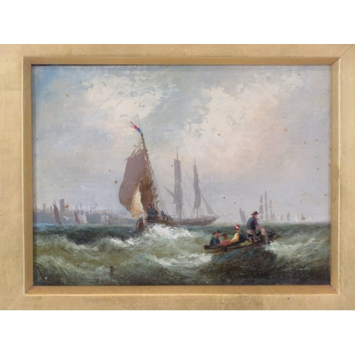 56 - William Anslow Thornbery 'Boats offshore' a pair, oils on boards, 14x20cm each, initialled