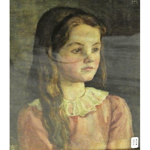 37 - English school 'Portrait of a young girl' watercolour, 30x24cm, initialled 'HR'