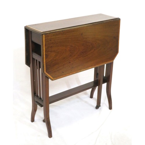 221 - Edwardian inlaid mahogany pembroke table with drop leaves, angled corners, gateleg support, on shape... 