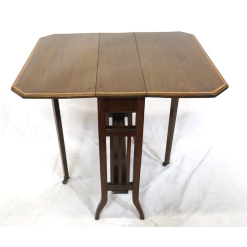 221 - Edwardian inlaid mahogany pembroke table with drop leaves, angled corners, gateleg support, on shape... 