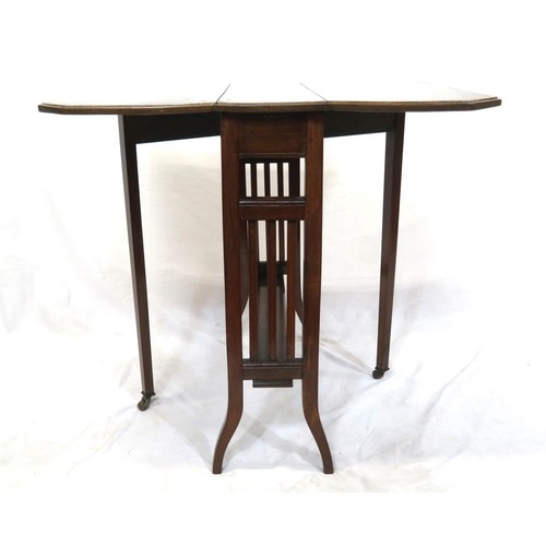 221 - Edwardian inlaid mahogany pembroke table with drop leaves, angled corners, gateleg support, on shape... 