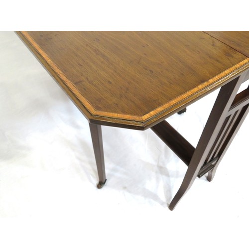 221 - Edwardian inlaid mahogany pembroke table with drop leaves, angled corners, gateleg support, on shape... 