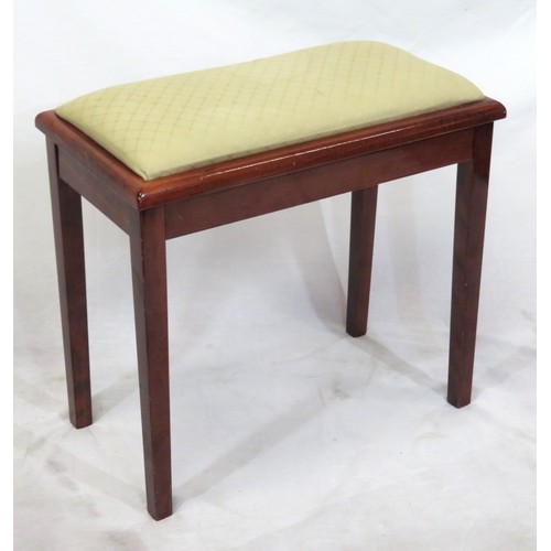 241 - Edwardian style mahogany piano stool with upholstered lift-up seat, on tapering legs