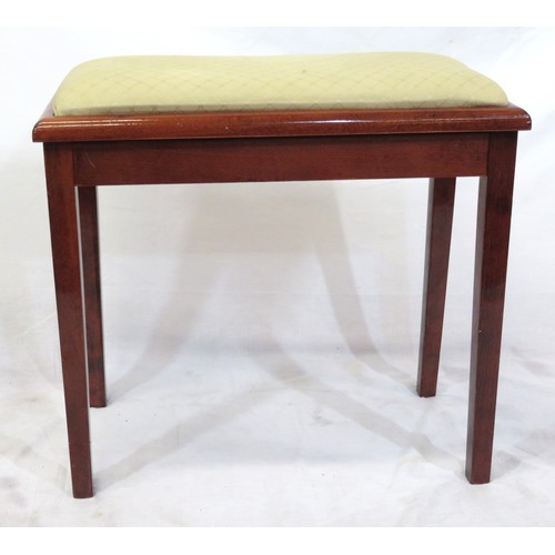 241 - Edwardian style mahogany piano stool with upholstered lift-up seat, on tapering legs