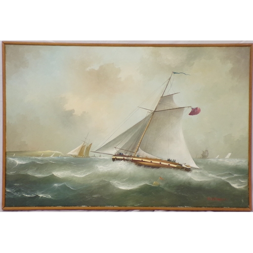 38 - D Hewitt 'Yachts racing offshore' oil on canvas, 50x75cm signed