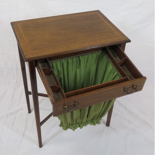 131 - Edwardian inlaid & crossbanded mahogany side or sewing table with frieze drawer, fitted interior, br... 