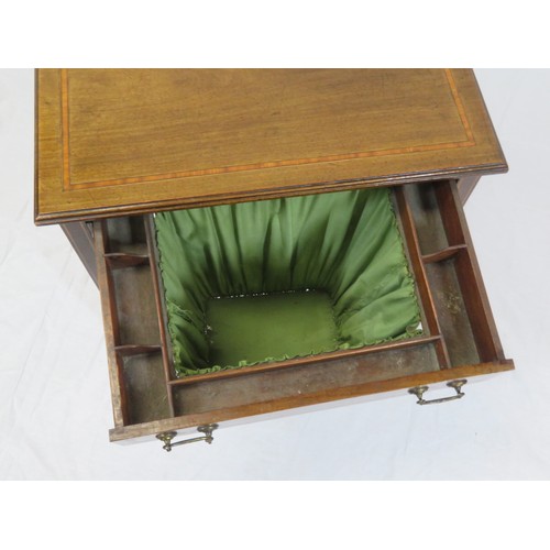 131 - Edwardian inlaid & crossbanded mahogany side or sewing table with frieze drawer, fitted interior, br... 