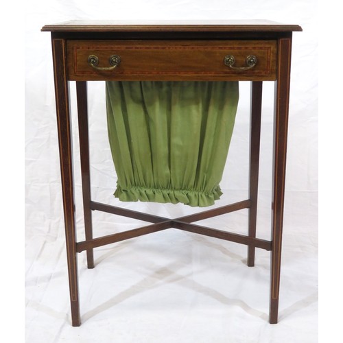131 - Edwardian inlaid & crossbanded mahogany side or sewing table with frieze drawer, fitted interior, br... 