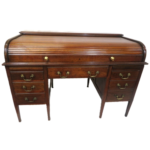 160 - Edwardian mahogany roll top desk with pull-out tambour top, fitted interior, 6 side & 1 frieze drawe... 