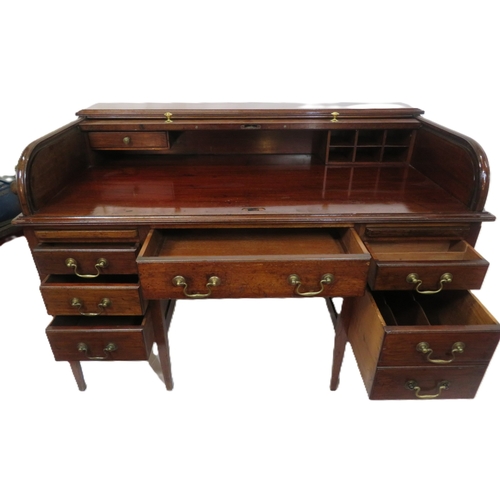 160 - Edwardian mahogany roll top desk with pull-out tambour top, fitted interior, 6 side & 1 frieze drawe... 