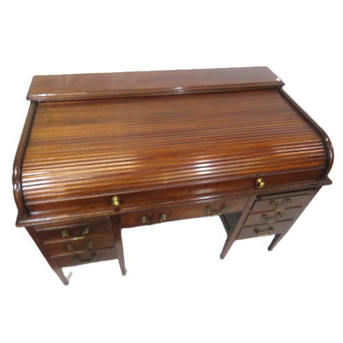 160 - Edwardian mahogany roll top desk with pull-out tambour top, fitted interior, 6 side & 1 frieze drawe... 
