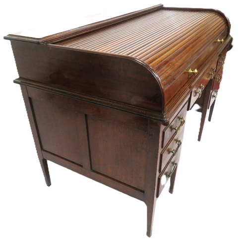 160 - Edwardian mahogany roll top desk with pull-out tambour top, fitted interior, 6 side & 1 frieze drawe... 