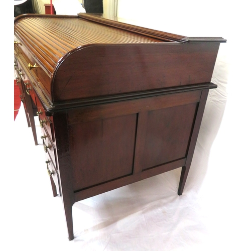 160 - Edwardian mahogany roll top desk with pull-out tambour top, fitted interior, 6 side & 1 frieze drawe... 