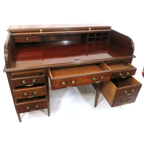 160 - Edwardian mahogany roll top desk with pull-out tambour top, fitted interior, 6 side & 1 frieze drawe... 