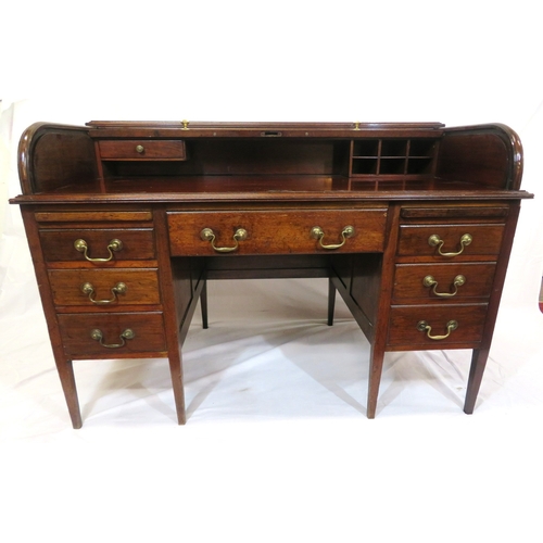 160 - Edwardian mahogany roll top desk with pull-out tambour top, fitted interior, 6 side & 1 frieze drawe... 