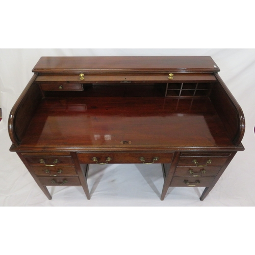 160 - Edwardian mahogany roll top desk with pull-out tambour top, fitted interior, 6 side & 1 frieze drawe... 