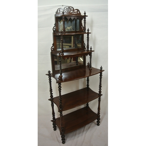 184 - Victorian style 5 tier whatnot of graduating sizes, with pierce fretwork, barleytwist columns, mirro... 