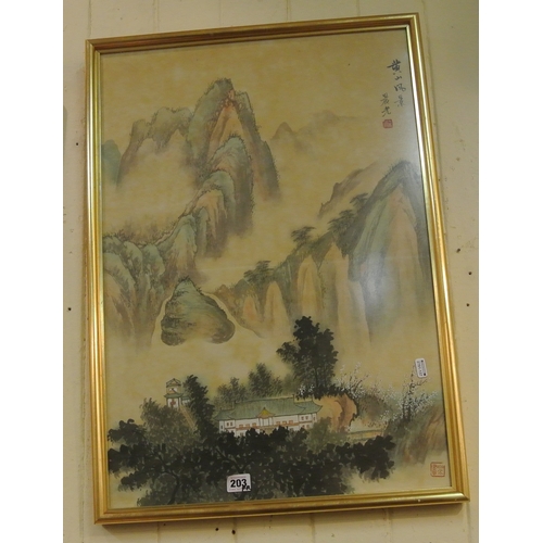 27 - Oriental School 'Mountain and Riverside Scenes' Pair of watercolours, 65 x 45cm each, signed and sta... 
