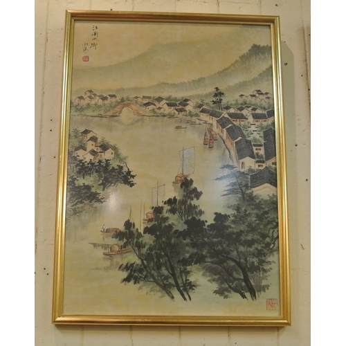 27 - Oriental School 'Mountain and Riverside Scenes' Pair of watercolours, 65 x 45cm each, signed and sta... 