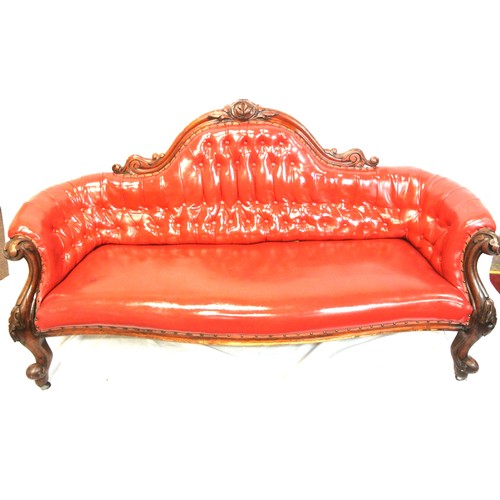 315 - Victorian design couch with scroll decoration, buttoned red leather upholstering, on cabriole legs