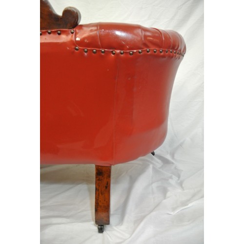 315 - Victorian design couch with scroll decoration, buttoned red leather upholstering, on cabriole legs