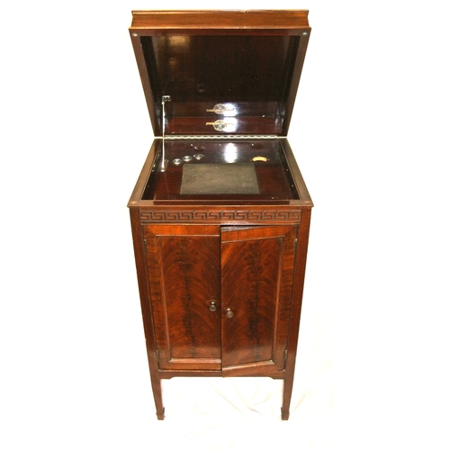 116 - Converted Columbia Grafonola Music cabinet with lift-up lid, shelved press, on square tapering legs