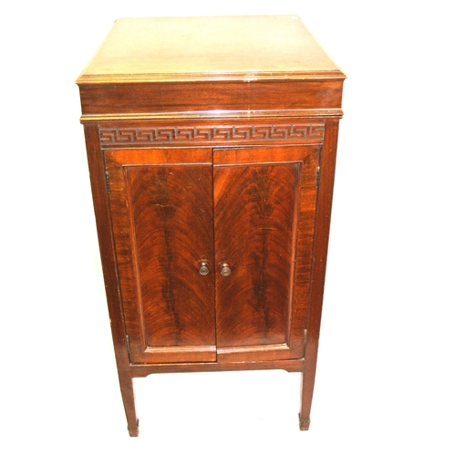 116 - Converted Columbia Grafonola Music cabinet with lift-up lid, shelved press, on square tapering legs