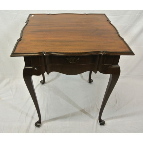 154 - Edwardian style mahogany square occasional table with shaped raised borders, frieze drawer with bras... 