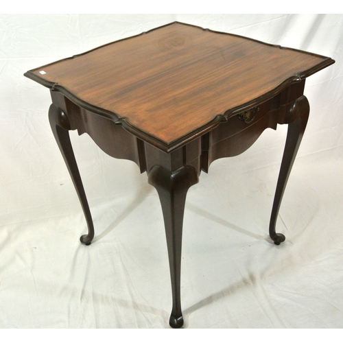 154 - Edwardian style mahogany square occasional table with shaped raised borders, frieze drawer with bras... 