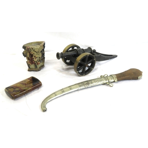 102 - Various items in box - model cannon, vase, etc