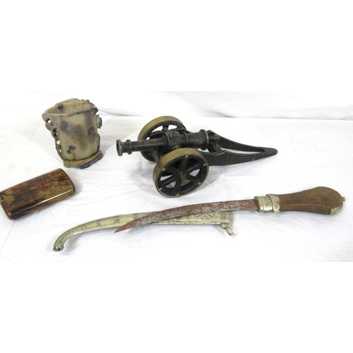 102 - Various items in box - model cannon, vase, etc