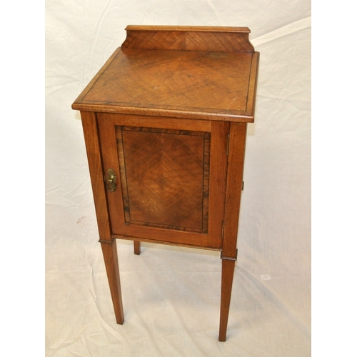 109 - Edwardian inlaid mahogany locker with shelved interior, brass drop handle, on tapering legs