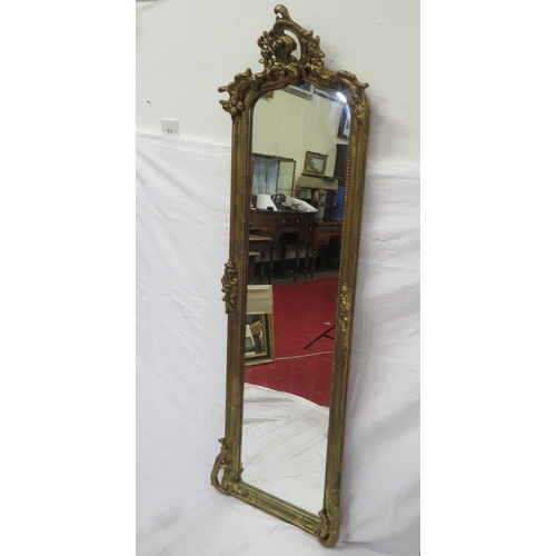 113 - Edwardian design tall gilt framed console mirror with shell & beaded decoration