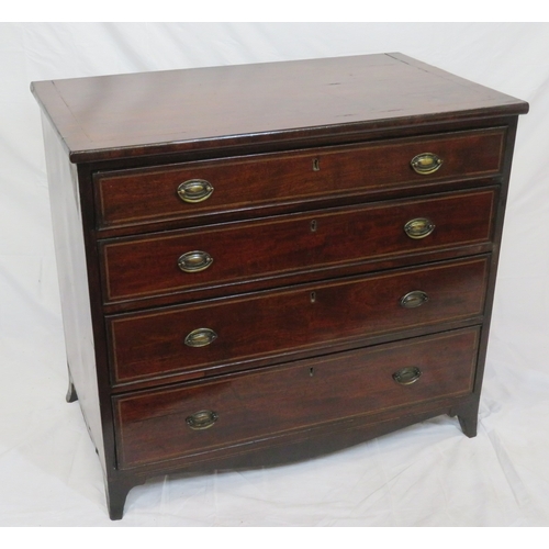 115 - Edwardian inlaid mahogany chest of four graduating drawers with oval brass drop handles, on bracket ... 