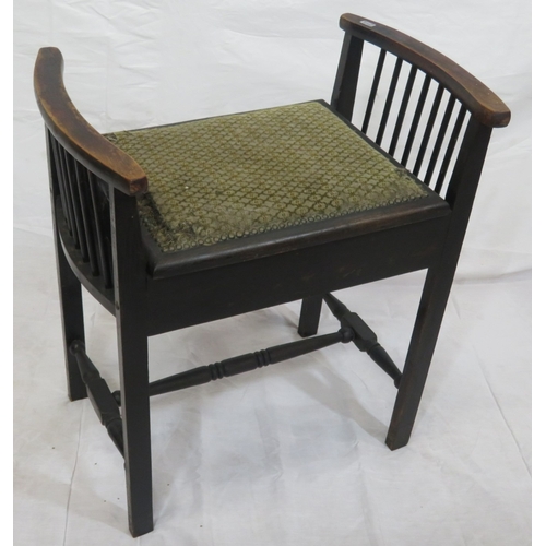124 - Edward piano stool with upholstered lift-up lid, railed sides, on tapering legs with stretchers